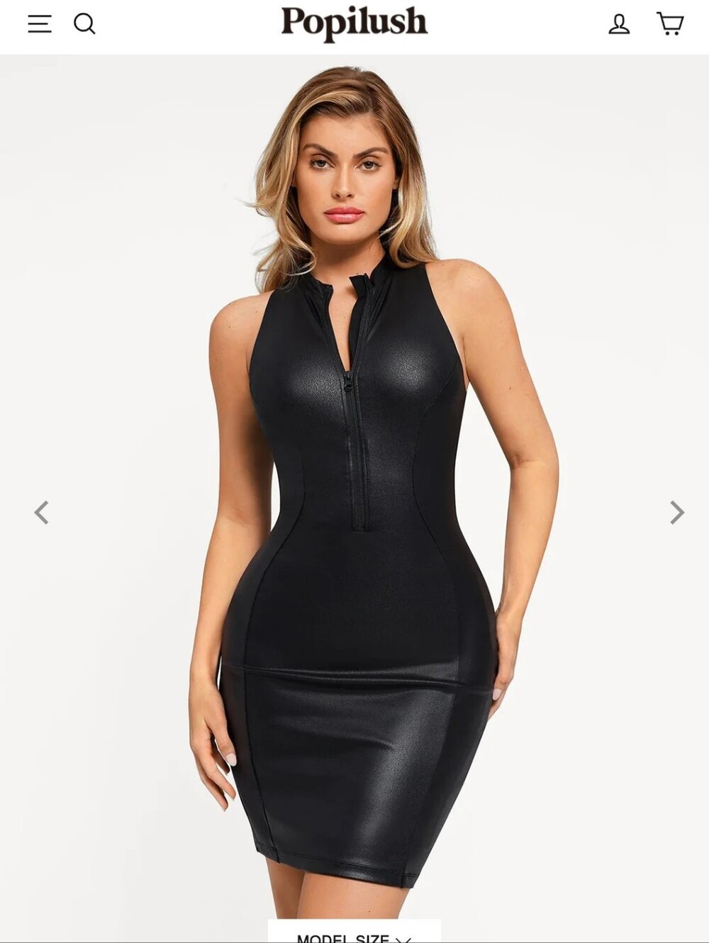 Popilush Black Sleeveless Midi Bodycon Dress with Front Zip